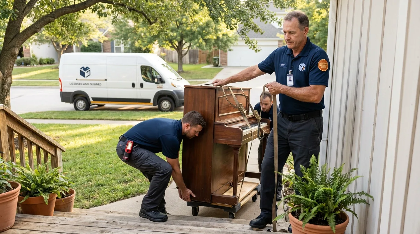 Licensed piano movers securing grand piano in Arapahoe, NE