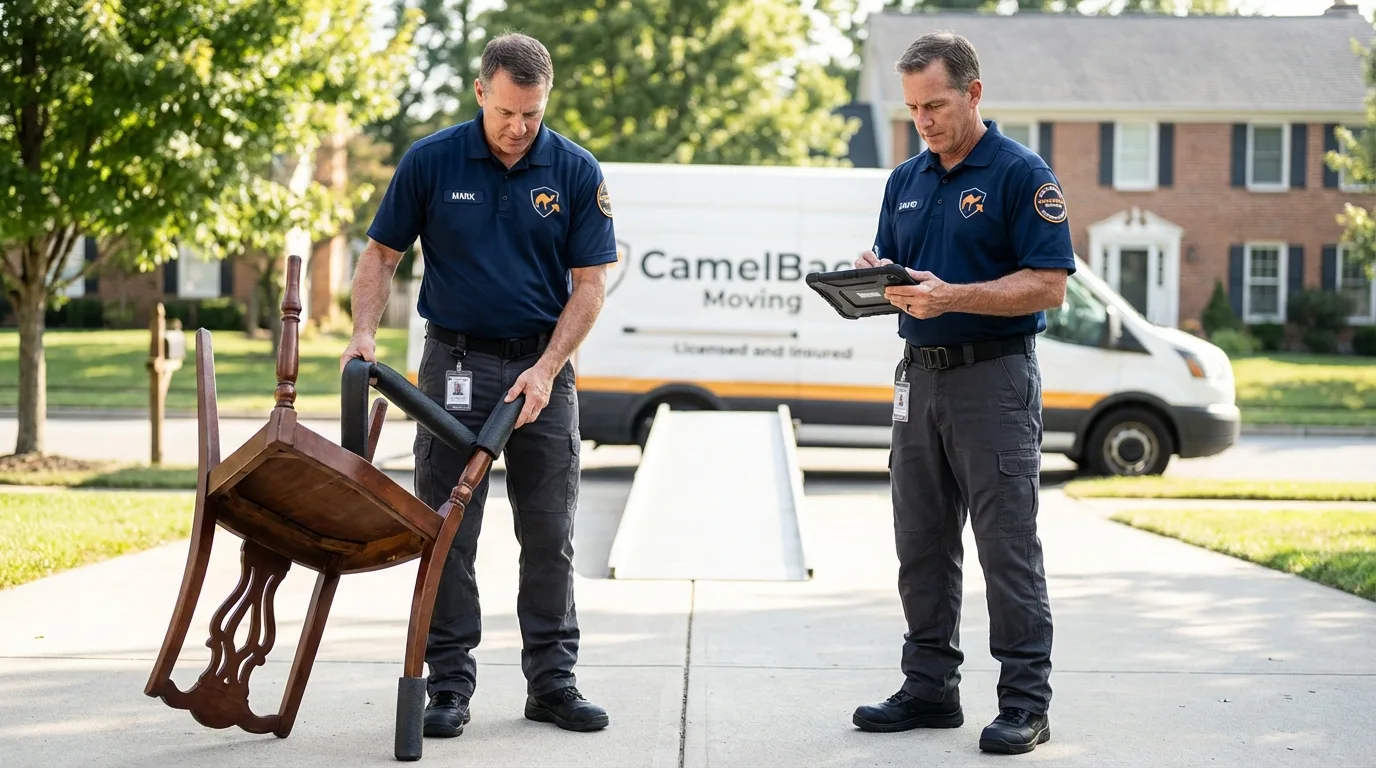 Movers inspecting furniture for damage prevention before loading in Arapahoe, NE